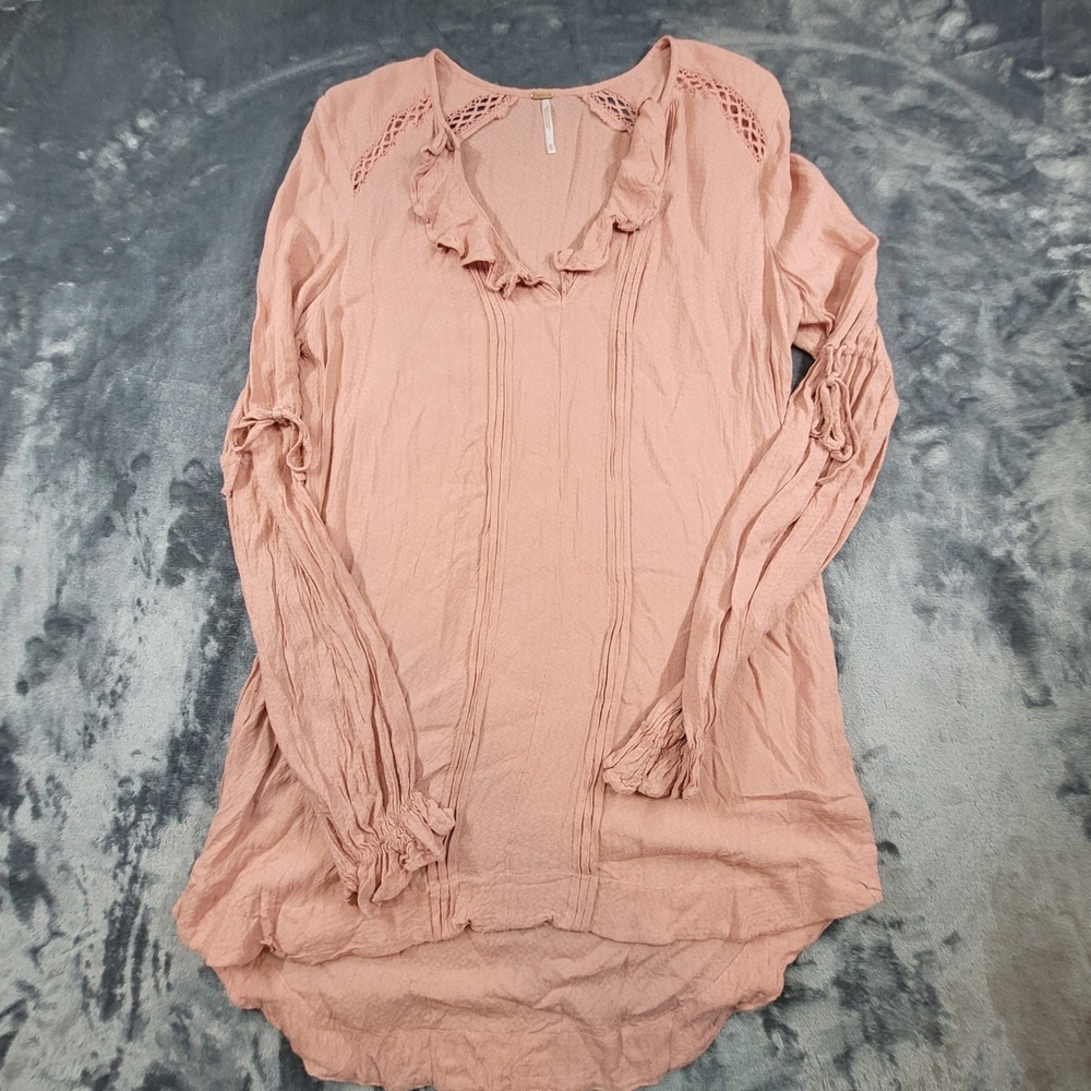 Free People Womens XS Dusty Rose Boho‎ Ruffle V-Neck Crochet Lace Tunic Top